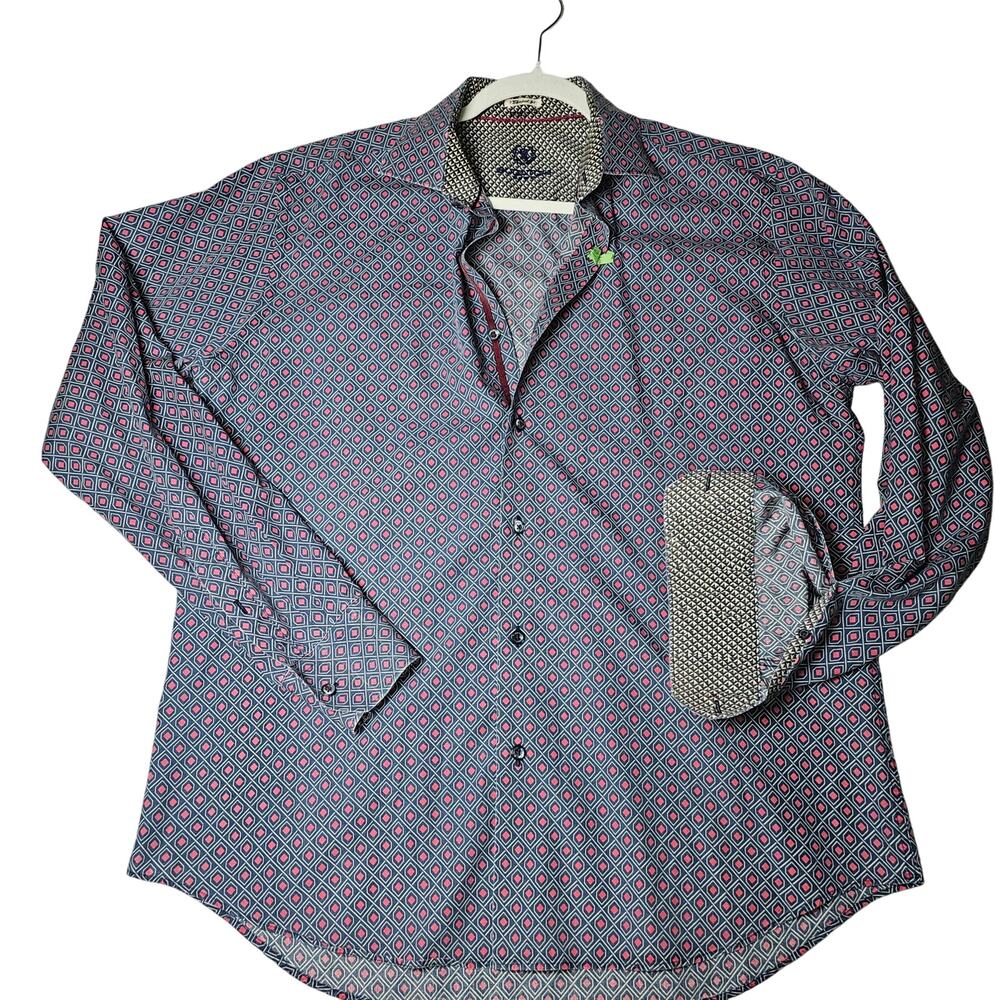 Bugatchi Mini Print Collared Button Up Blue Red C… - image 4